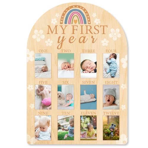 ORIGACH My First Year Photo Display Wood Board - 12 Monate Newborn Milestones Picture Frame - Neutral Baby Geburtstag Dekorationen für Jungen Mädchen Nursery Decor - Regenbogen und Blumenmuster von ORIGACH