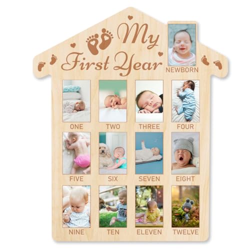 ORIGACH My First Year Photo Display Wood Board - 12 Monate Newborn Milestones Picture Frame - Neutral Baby Keepsake Frame 1st Birthday Party Nursery Decor New Mom Gift - Footprint Pattern von ORIGACH