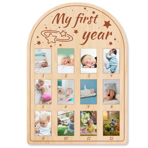 ORIGACH My First Year Photo Display Wood Board - 12 Monate Newborn Milestones Picture Frame - Neutral Baby Memories Keepsake Frame 1st Birthday Party Nursery Decor - Star Pattern von ORIGACH