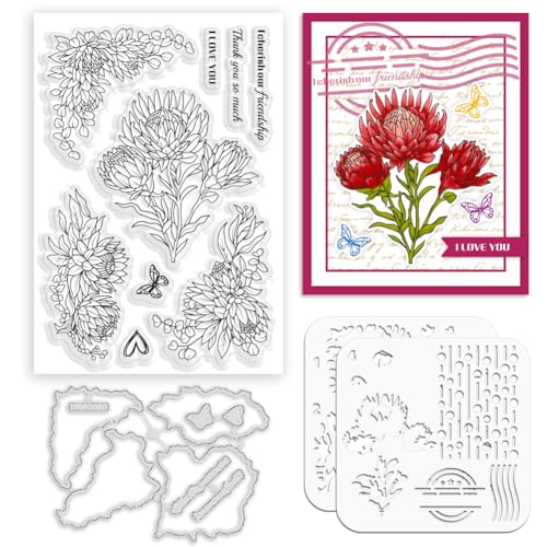 ORIGACH Schichtung Färbung Schablone Silikonstempel und Stanzformen Set Protea Cynaroides Blumen Malen Schablonen Stempel und Stanzen Zur Kartengestaltung Für Papierkarten Fotoalbum Und Scrapbooking von ORIGACH