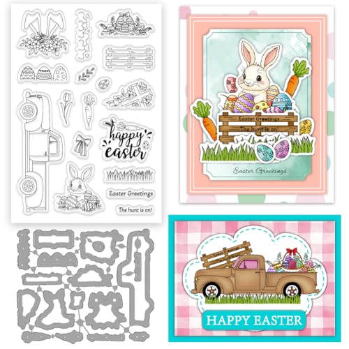 ORIGACH Stempel und Stanzformen Set Osterhase Eier Lkw Wörter Silikonstempel und Stanzen Für Kartengestaltung Papier Basteln Journaling Und DIY Scrapbooking von ORIGACH