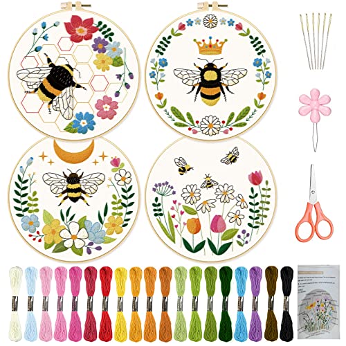 ORIGACH Stick-Übungssets für Anfänger, 4 Sets Bienen Stickerei Set für Erwachsene, inklusive Stickrahmen, Fäden für Bastelliebhaber, Handstich mit Stickfertigkeitstechniken von ORIGACH