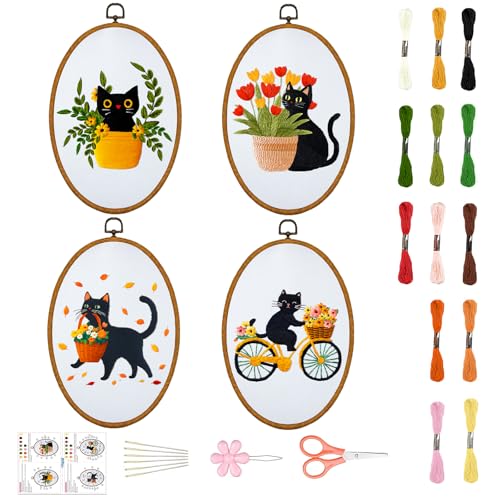 ORIGACH Stickset für Anfänger, 4 Stück Lustige schwarze Katze Sticken Set Erwachsene Stickerei Set mit Anleitung, Farbfäden, Stickrahmen und Werkzeuge von ORIGACH