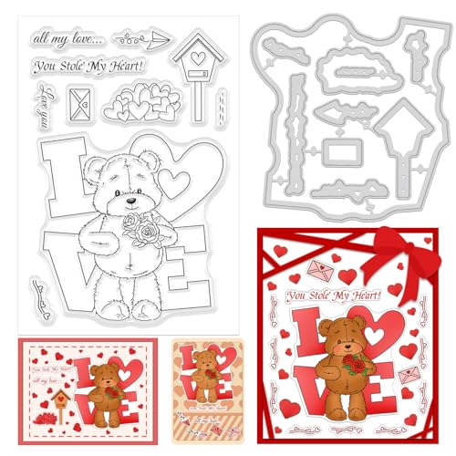 ORIGACH Transparente Stempel Und Stanzformen Zum Valentinstag Mit Teddybär Motiv Für Die Kartengestaltung. Transparente Stempel Und Stanzset Für Die Dekoration von DIY Scrapbooking Fotoalben von ORIGACH