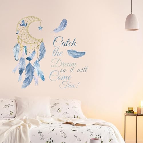 ORIGACH Traumfänger Zitate Wandaufkleber Catch The Dream So It Will Come True Zitate Wandaufkleber Bunte Traumfänger Feder Wandtattoos für Schlafzimmer Wohnzimmer Kinderzimmer Zimmer von ORIGACH