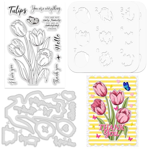 ORIGACH Tulip Schichtung Färbung Schablone Stempel und Stanzformen Set Blumen Malen Basteln Schablonen Silikonstempel und Stanzen Für Kartengestaltung Papier Basteln Journaling DIY Scrapbooking von ORIGACH