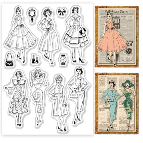 ORIGACH Vintage Elegante Dame klare Stempel für Kartenherstellung Retro Kleidung Frauen Transparente Silikonstempel für DIY Scrapbooking Journaling Fotoalbum Bastelzubehör von ORIGACH