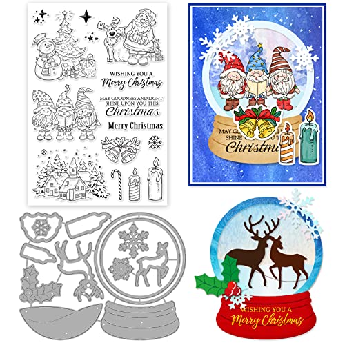 ORIGACH Weihnachten Clear Stamps and Cutting Dies Set, Weihnachtswichtel Silikon Stempel und Schneekugel Metall Stanzform für Urlaubskarten Herstellung, DIY Scrapbooking, Fotoalbum Dekorative von ORIGACH