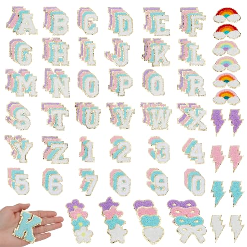 ORIGACH180 Stück Selbstklebende Chenille Buchstaben Aufnäher, Aufbügeln Kleidung Patches Buchstaben Zahlen Regenbogen Blume Stern Gestickter Alphabet Patches für Kleidung, Stoff, Schuhe, Taschen von ORIGACH