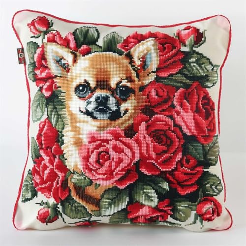 DIY Knüpfkissen Zum Selber Knüpfen Knüpfhaken-Sets Mit Chihuahua-Tier,Hund Und Rote Rose,3D-Kissenmaterialien,Paketbezug,Knüpfhaken-Sets,Kissen-Stickerei-Set,Kunsthandwerk,Heimdekoration 43x43cm von ORLUMY