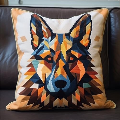 Diy Kissen Knüpfen Set Knüpfhaken-Sets Mit Tiermotiven Des Deutschen Schäferhundes,Geometrischer Hund,Diy-Knüpfhaken-Sets,Garn-Sets,Kissen,Teppichmuster,Kunst Und Handwerk,Häkeln,Handarbei 43x43cm von ORLUMY