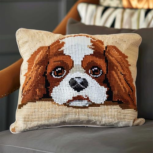 Diy Kissen Knüpfen Set Knüpfpackungen Mit Tiermotiven,Cavalier King Charles Spaniel,Knüpfpackungen Mit Fantasiehund,Kissenbezug,Sofakissen,Diy-Häkelgarn-Sets Für Anfänger,Basteln,Heimdekor 43x43cm von ORLUMY