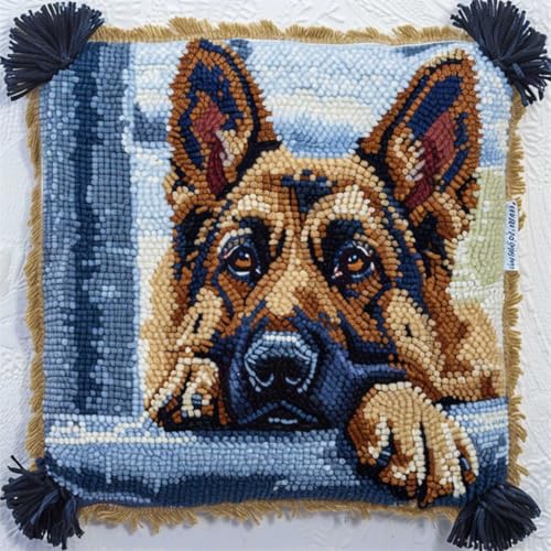 Diy Kissen Knüpfen Set Knüpfpackungen Mit Tiermotiven Des Deutschen Schäferhundes,Hund Am Fenster,Knüpfpackungen Zum Selbermachen,Garnpackungen,Kissen,Teppichmuster,Kunst Und Handwerk,Häke 43x43cm von ORLUMY