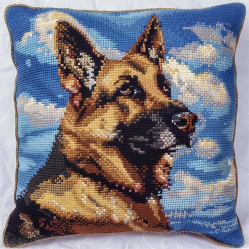 Diy Kissen Knüpfen Set Knüpfpackungen Mit Tiermotiven Des Deutschen Schäferhundes,Hund Und Blauer Himmel Mit Weißen Wolken,Knüpfpackungen Zum Selbermachen,Garnpackungen,Kissen,Teppichmuste 43x43cm von ORLUMY