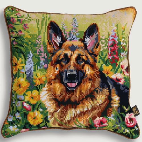 Diy Kissen Knüpfen Set Knüpfpackungen Mit Tiermotiven Des Deutschen Schäferhundes,Hund Und Blumen,Knüpfpackungen Zum Selbermachen,Garnpackungen,Kissen,Teppichmuster,Kunst Und Handwerk,Häke 43x43cm von ORLUMY