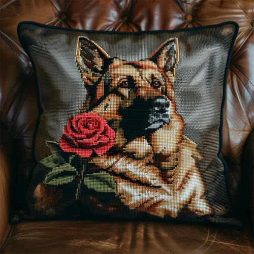 Diy Kissen Knüpfen Set Knüpfpackungen Mit Tiermotiven Des Deutschen Schäferhundes,Hund Und Blumen,Knüpfpackungen Zum Selbermachen,Garnpackungen,Kissen,Teppichmuster,Kunst Und Handwerk,Häke 43x43cm von ORLUMY