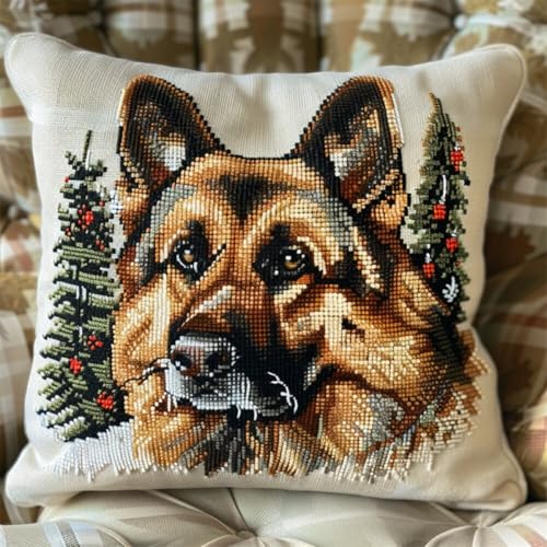 Diy Kissen Knüpfen Set Knüpfpackungen Mit Tiermotiven Des Deutschen Schäferhundes,Hund Und Weihnachtsbaum,Knüpfpackungen Zum Selbermachen,Garnpackungen,Kissen,Teppichmuster,Kunst Und Handw 43x43cm von ORLUMY