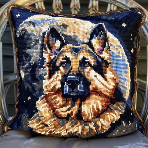 Diy Kissen Knüpfen Set Knüpfpackungen Mit Tiermotiven Des Deutschen Schäferhundes,Knüpfpackungen Mit Hund Und Mond,Kissenbezug,Sofakissen,Diy-Häkelgarn-Sets Für Anfänger,Basteln,Heimdekora 43x43cm von ORLUMY