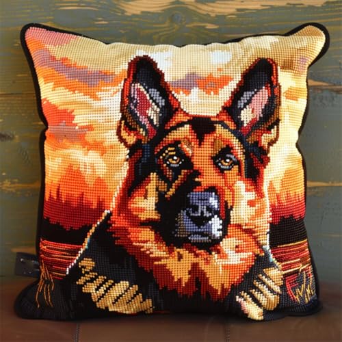 Diy Kissen Knüpfen Set Knüpfpackungen Mit Tiermotiven Des Deutschen Schäferhundes,Knüpfpackungen Mit Hund Und Sonnenaufgang,Kissenbezug,Sofakissen,Diy-Häkelgarn-Sets Für Anfänger,Basteln,H 43x43cm von ORLUMY