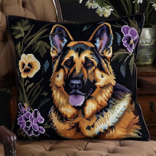 Diy Knüpfen Set Knüpfhaken-Sets Mit Tiermotiven Vom Deutschen Schäferhund,Hund Und Blumen,Knüpfhaken-Sets Zum Selbermachen Von Kissenbezügen,Bastelsets,Sticksets Mit Bedruckter Leinwand 43x43cm von ORLUMY