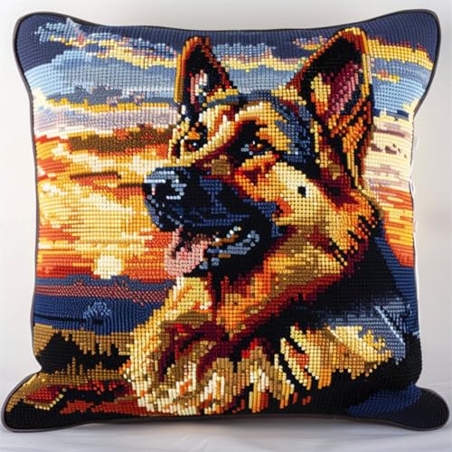 Diy Knüpfen Set Knüpfpackungen Mit Tiermotiven Des Deutschen Schäferhundes,Hund Und Sonnenaufgang,Knüpfpackungen Zum Selbermachen Von Kissenbezügen,Bastelpackungen,Stickpackungen Mit Bedru 43x43cm von ORLUMY