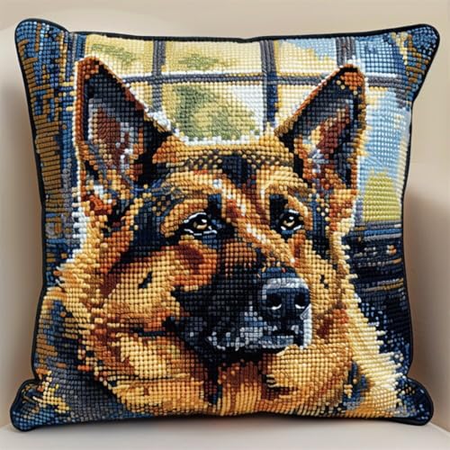 Diy Knüpfen Set Knüpfpackungen Mit Tiermotiven Vom Deutschen Schäferhund,Hund Am Fenster,Knüpfpackungen Zum Selbermachen Von Kissenbezügen,Bastelpackungen,Stickpackungen Mit Bedruckter Lei 43x43cm von ORLUMY