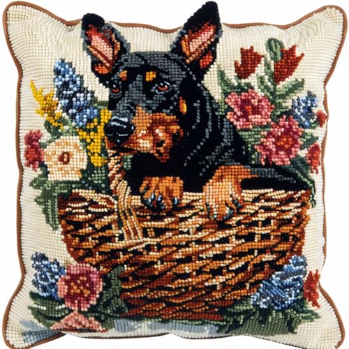 Diy Knüpfkissen Set Knüpfpackungen Mit Dobermann-Pinscher-Tier,Knüpfpackungen Mit Hunde- Und Blumenkorb,Knüpfpackungen Für Kissenbezüge Zum Selbermachen,Knüpfpackungen Für Teppiche Und Han 43x43cm von ORLUMY