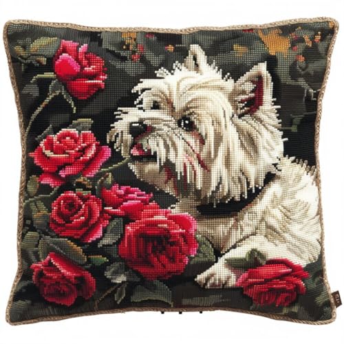 Diy Knüpfkissen Set Knüpfpackungen Mit West Highland White Terrier,Tier,Hund Und Blumen,Knüpfpackungen Für Kissenbezüge,Stickpackungen Für Kissenbezüge Zum Selbermachen,Handarbeit,Knüpfpac 43x43cm von ORLUMY