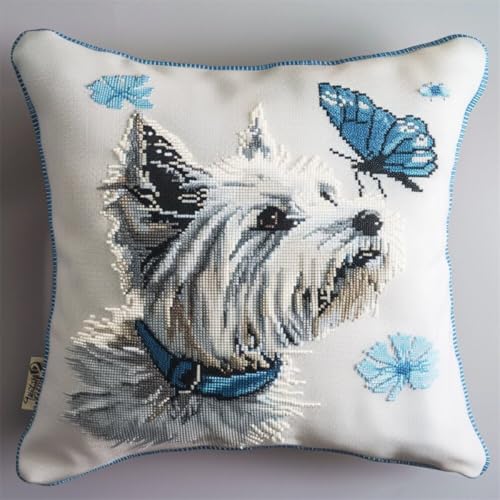 Diy Knüpfkissen Set Knüpfpackungen Mit West Highland White Terrier-Tier,Knüpfpackungen Mit Hund Und Schmetterling,Knüpfpackungen Für Kissenbezüge Zum Selbermachen,Knüpfpackungen Für Kissen 43x43cm von ORLUMY