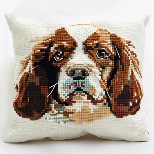 Diy Knüpfkissen Zum Selber Knüpfen Cavalier King Charles Spaniel Animal动物 Knüpfpackungen Mit Cartoon-Hund,3D-Kissen,Materialpaket,Bezug,Knüpfpackungen,Kissen-Stickset,Bastelset,Heimdekor 43x43cm von ORLUMY