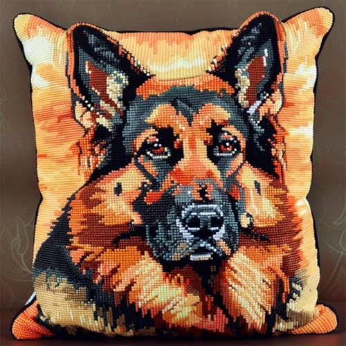 Diy Knüpfkissen Zum Selber Knüpfen Deutscher Schäferhund Tier Knüpfhaken Kits Cartoon Hund 3D Kissen Materialien Paket Abdeckung Knüpfhaken Kits Kissen Stickerei Set Handwerk Home Dekorati 43x43cm von ORLUMY