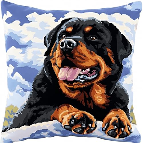 Diy Knüpfkissen Zum Selber Knüpfen Knüpfhaken-Set Mit Rottweiler-Tier,Hund Und Blauem Himmel Mit Weißen Wolken,Diy-Haken,Gestrickt,Bestickter Teppich,Kissen,Stickerei,Knüpfhaken-Teppich-Se 43x43cm von ORLUMY