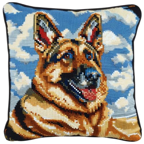 Diy Knüpfkissen Zum Selber Knüpfen Knüpfhaken-Set Mit Tiermotiv „Deutscher Schäferhund“,Hund Und Blauer Himmel Mit Weißen Wolken,Diy-Haken,Gestrickt,Bestickter Teppich,Kissen,Stickerei,Kn 43x43cm von ORLUMY