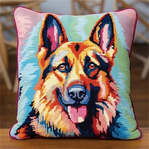 Diy Knüpfkissen Zum Selber Knüpfen Knüpfpackungen Mit Tiermotiven Des Deutschen Schäferhundes,Farbiger Hund,3D-Kissen,Materialpaket,Bezug,Knüpfpackungen,Kissen-Stickset,Bastelset,Heimdekor 43x43cm von ORLUMY