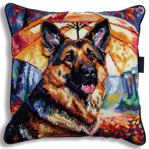 Diy Knüpfkissen Zum Selber Knüpfen Knüpfpackungen Mit Tiermotiven Vom Deutschen Schäferhund,Hund Und Regenschirm,3D-Kissen,Materialpaket,Knüpfpackungen,Kissen-Stickset,Bastelset,Heimdekora 43x43cm von ORLUMY