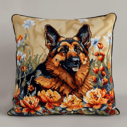 Diy Knüpfstern Set Knüpfhaken-Sets Mit Tiermotiven Des Deutschen Schäferhundes,Hund Und Blumen,Stanznadeln,Starter-Set,Knüpfhaken-Bastelsets Für Kissen,Alle Materialien Enthalten/Bastelset 43x43cm von ORLUMY