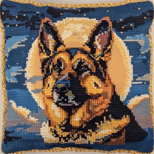 Diy Knüpfstern Set Knüpfhaken-Sets Mit Tiermotiven Des Deutschen Schäferhundes,Stanznadeln Mit Hund Und Mond,Starter-Set,Knüpfhaken-Bastelsets Für Kissen,Alle Materialien Enthalten/Bastels 43x43cm von ORLUMY