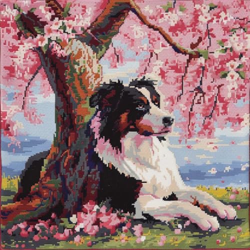 ORLUMY DIY Kissen Knüpfen Set Border-Collie-Tiere Knüpfhaken-Sets Hund Und Blumenbaum Knüpfhaken-Sets Kissenbezug Sofakissen Anfänger DIY Häkelgarn-Sets Handwerk Heimdekoration 43x43cm von ORLUMY