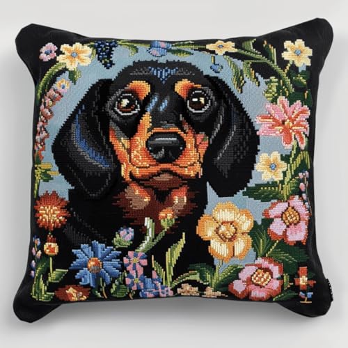 ORLUMY DIY Kissen Knüpfen Set Dackel Tier Knüpfhaken-Kits Hund Und Blumen DIY Knüpfhaken-Kits Garn-Kits Kissen Teppich Muster Kunst Und Handwerk Häkeln Handarbeiten 43x43cm von ORLUMY