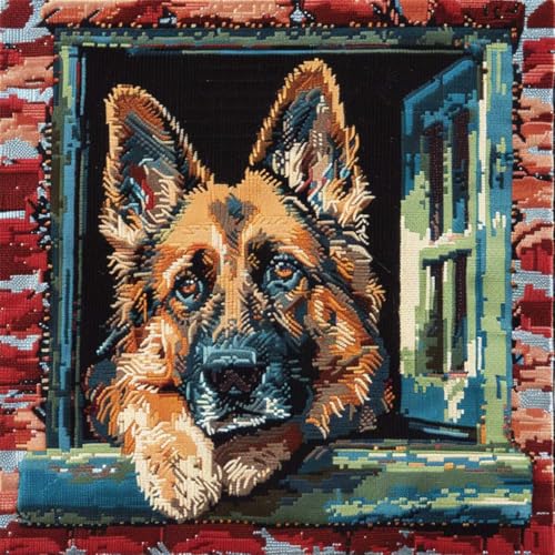 ORLUMY DIY Kissen Knüpfen Set Knüpfhaken-Sets „Deutscher Schäferhund“,Hund Am Fenster,Diy-Knüpfhaken-Sets,Garn-Sets,Kissen-Teppich-Muster,Kunsthandwerk,Häkel- Und Nadelarbeit 43x43cm von ORLUMY