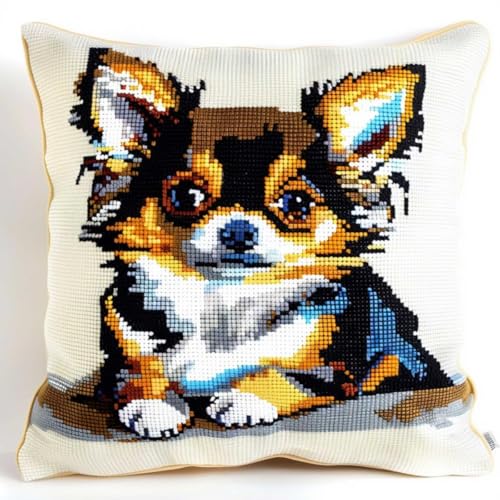 ORLUMY DIY Kissen Knüpfen Set Knüpfhaken-Sets Mit Chihuahua-Tier,Knüpfhaken-Sets Für Hunde,Kissenbezüge,Sofakissen,Anfänger,Häkelgarn-Sets,Basteln,Heimdekoration 43x43cm von ORLUMY