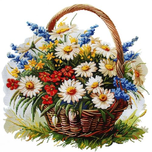 ORLUMY DIY Kissen Knüpfen Set Knüpfhaken-Sets Mit Farbenfrohem Blumenkorb，Weiße Gänseblümchen，Diy-Knüpfhaken-Sets，Garn-Sets，Kissen，Teppichmuster，Kunst Und Handwerk，Häkeln，Handarbeit 43x43cm von ORLUMY