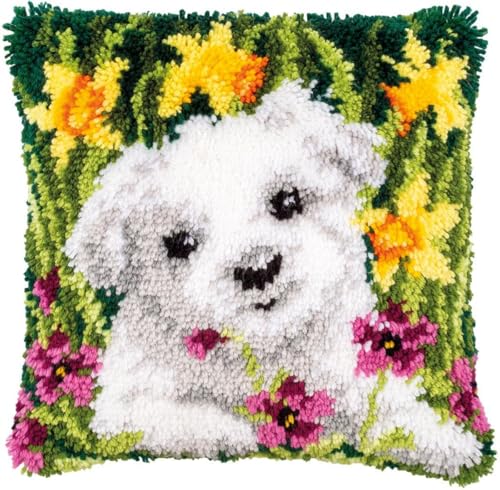 ORLUMY DIY Kissen Knüpfen Set Knüpfpackungen Mit Tiermotiven Von West Highland White Terrier，Hunde- Und Blumen-Knüpfpackungen，Kissenbezug，Sofakissen，Häkelgarn-Sets Für Anfänger，Basteln，Heimd 43x43cm von ORLUMY