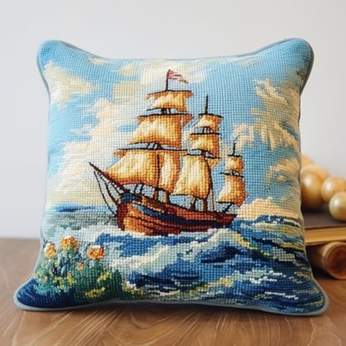 ORLUMY DIY Kissen Knüpfen Set Segelboot Auf Dem Meer Knüpfhaken-Sets Meereslandschaft Knüpfhaken-Sets Kissenbezug Sofakissen Anfänger DIY Häkelgarn-Sets Basteln Heimdekoration 43x43cm von ORLUMY