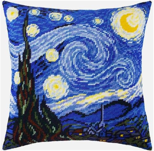 ORLUMY DIY Kissen Knüpfen Set Sternennacht-Ölgemälde-Knüpfhaken-Sets Sternenhimmel-Landschaft Knüpfhaken-Sets Kissenbezug Sofakissen Anfänger DIY Häkelgarn-Sets Basteln Heimdekoration 43x43cm von ORLUMY