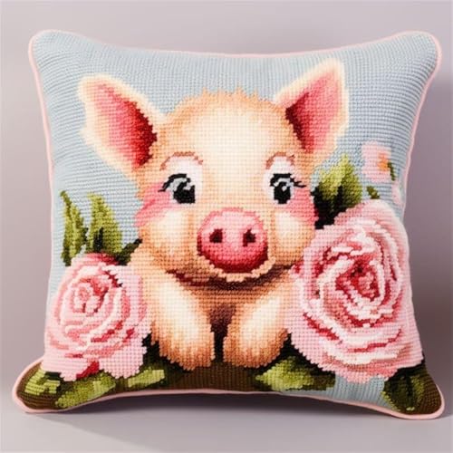 ORLUMY DIY Knüpfen Set Knüpfhaken-Sets Mit Schweinchen Und Blumen，Cartoon-Tiere，Knüpfhaken-Sets，Diy-Kissenbezug，Bastelsets，Sticksets Mit Bedruckter Leinwand 43x43cm von ORLUMY