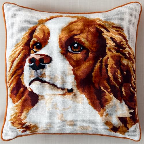 ORLUMY DIY Knüpfen Set Knüpfpackungen Mit Tiermotiven Vom Cavalier King Charles Spaniel，Knüpfpackungen Mit Cartoon-Hund，Diy-Kissenbezug，Bastelpackungen，Stickpackungen Mit Bedruckter Leinwand 43x43cm von ORLUMY