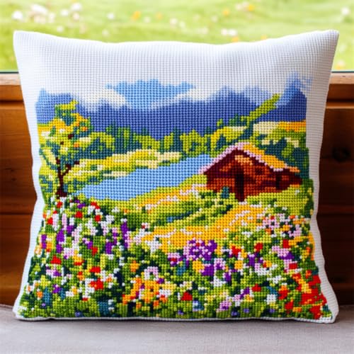 ORLUMY DIY Knüpfkissen Set Berge，Wälder Und Seen Knüpfhaken-Sets Blumenlandschaft Kissenbezug Stickteppich Set Handarbeit Häkelkissen Stickset 43x43cm von ORLUMY