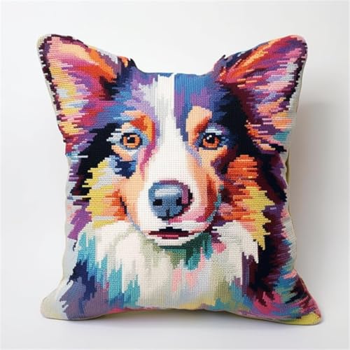 ORLUMY DIY Knüpfkissen Set Border-Collie-Tiere,Knüpfsets,Farbiger Hund,Knüpfkissen,Sticksets,Diy-Teppich,Handarbeiten,Knüpfkissen-Sets 43x43cm von ORLUMY