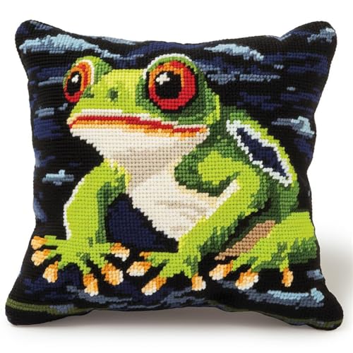 ORLUMY DIY Knüpfkissen Set Cartoon Frosch Knüpfhaken Kits Fantasie Tiere Kissenbezug Stickerei Teppich Set Handarbeit Häkeln Kissen Stickset 43x43cm von ORLUMY